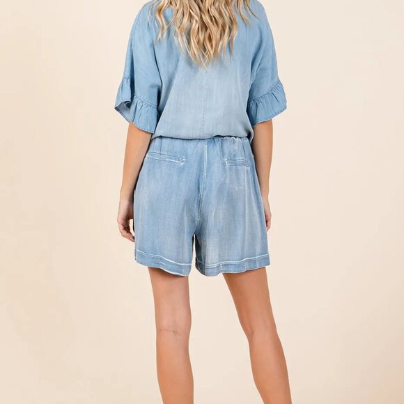 Mittoshop Washed Chambray Elastic Waist‎ Easy Fit Shorts - Picture 6 of 7